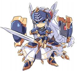 Rule 34 | 1girl, armor, armored dress, blue armor, blue eyes, blue hair, braid, chibi, closed mouth, feathers, full body, helmet, holding, karukan (monjya), lenneth valkyrie, long hair, shoulder armor, simple background, solo, sword, valkyrie, valkyrie profile (series), very long hair, weapon, white background, winged helmet