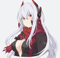 Rule 34 | 1girl, breasts, center opening, closed mouth, clothes writing, covered erect nipples, grey background, hair between eyes, headgear, long hair, looking at viewer, lucia: crimson abyss (punishing: gray raven), medium breasts, punishing: gray raven, red eyes, red scarf, scarf, shiseki hirame, simple background, solo, upper body, white hair