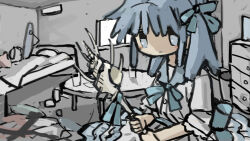 Rule 34 | 1girl, air conditioner, bed, bedroom, blanket, blue eyes, blue hair, bow, bowtie, collared shirt, cup, drawer, dress shirt, fisheye, frills, hair bow, highres, holding, holding shell, messy room, original, shell, shirt, solo, tsukumizu yuu, window