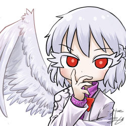 Rule 34 | 1girl, bow, bowtie, braid, chamaji, collared shirt, commentary, covering own mouth, feathered wings, jacket, kishin sagume, looking at viewer, lowres, profile picture, red bow, red bowtie, red eyes, shirt, short hair, signature, single wing, solo, suit jacket, touhou, upper body, white background, white hair, wings