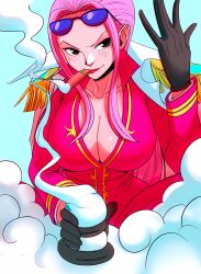 Rule 34 | 1girl, absurdres, black gloves, blue background, blush, cigar, coat, coolb art, epaulettes, eyewear on head, formal, gloves, highres, hina (one piece), holding, jacket, long hair, looking to the side, one piece, pink hair, pink jacket, pink suit, sidelocks, smile, smoke, suit, upper body, v-shaped eyebrows, white coat