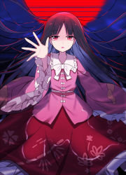Rule 34 | 1girl, black hair, blunt bangs, bow, bowtie, brown eyes, collared shirt, e.o., floral print, hime cut, houraisan kaguya, japanese clothes, long hair, long skirt, long sleeves, pink shirt, red skirt, shirt, skirt, sleeves past wrists, solo, touhou, very long hair, white bow, white bowtie, wide sleeves