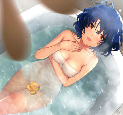 Rule 34 | 1girl, antenna hair, bathing, bathtub, blue hair, blurry, blurry foreground, blush, breasts, cleavage, covering privates, dark blue hair, depth of field, hanamasa ono, highres, idolmaster, idolmaster million live!, looking at viewer, medium breasts, messy hair, navel, nude cover, rubber duck, short hair, smile, solo, toyokawa fuka