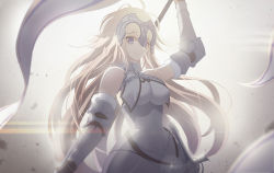 Rule 34 | 1girl, ahoge, arm up, backlighting, bad id, bad pixiv id, banner, bare shoulders, blonde hair, blue eyes, blurry, breasts, chain, closed mouth, depth of field, fate/grand order, fate (series), fur trim, grey background, halterneck, headpiece, highres, holding, inho song, jeanne d&#039;arc (fate), jeanne d&#039;arc (ruler) (fate), jeanne d&#039;arc (third ascension) (fate), large breasts, lens flare, long hair, looking at viewer, plackart, smile, solo, sword, vambraces, very long hair, weapon