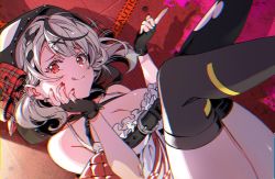 Rule 34 | 1girl, black legwear, breasts, cleavage, fingerless gloves, gloves, hololive, hoshi (xingspresent), looking at viewer, red eyes, sakamata chloe, solo, tongue, tongue out, virtual youtuber