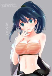 Rule 34 | 10s, 1girl, absurdres, bad id, bad pixiv id, bandeau, blue eyes, blue hair, blush, breasts, cleavage, cosplay, hair ribbon, highres, houshou (kancolle), japanese clothes, kantai collection, large breasts, lips, long hair, matching hair/eyes, midriff, navel, open mouth, personification, pleated skirt, ponytail, ribbon, shouhou (kancolle), shouhou (kancolle) (cosplay), skirt, solo, tebi (tbd11)