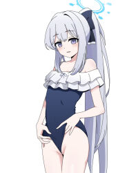 1girl bare_shoulders black_bow blue_archive blue_one-piece_swimsuit blush bow collarbone covered_navel cowboy_shot frilled_one-piece_swimsuit frills frontal_wedgie grey_hair hair_bow halo highres lifting_own_clothes long_hair looking_at_viewer miyako_(blue_archive) miyako_(swimsuit)_(blue_archive) nyaru_(nyaru_4126) off-shoulder_one-piece_swimsuit off_shoulder one-piece_swimsuit parted_lips ponytail purple_eyes simple_background smile solo swimsuit very_long_hair white_background