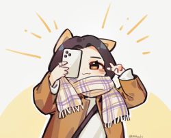 Rule 34 | 1girl, :3, akechi (826988799), animal ears, animification, blush, brown jacket, brown scarf, cellphone, chinese commentary, dog ears, exy (wjsn), highres, holding, holding phone, jacket, k-pop, kemonomimi mode, long sleeves, one eye covered, phone, plaid, plaid scarf, real life, scarf, selfie, shirt, smartphone, solo, upper body, v, white shirt, wjsn