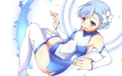 Rule 34 | 10s, 1girl, armpits, bare shoulders, blue hair, blush, bodysuit, boots, braid, detached sleeves, female focus, fin e ld si laffinty, flower, french braid, hair flower, hair ornament, hand gesture, haruyuki (yukichasoba), highres, legs, looking at viewer, open mouth, pink eyes, rinne no lagrange, short hair, solo, thigh boots, thigh gap, thighhighs, wallpaper, white thighhighs
