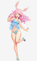 Rule 34 | 1girl, absurdres, animal ears, arm up, bikini, blue bikini, blue footwear, breasts, rabbit ears, cleavage, curly hair, elin, frilled bikini, frills, full body, grey background, hand to own mouth, high heels, highres, knees together feet apart, leg up, legs, long hair, navel, one eye closed, open mouth, outdoors, pink eyes, pink hair, shoes, simple background, small breasts, smile, solo, standing, standing on one leg, swimsuit, tera online, thighs, toes, y.i. (lave2217)