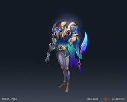 Rule 34 | 1boy, alternate costume, armor, artist name, black background, blue skin, cape, colored skin, full body, glowing, glowing eyes, gradient background, green skin, grey background, grey pants, helmet, holding, holding knife, knife, league of legends, male focus, mask, pants, pisces (zodiac), pyke (league of legends), see you, shoulder armor, solo, space print, starry sky print, zodiac