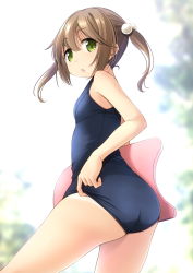 Rule 34 | 1girl, ass, blue one-piece swimsuit, brown hair, chestnut mouth, cowboy shot, from behind, green eyes, highres, kickboard, looking at viewer, looking back, one-piece swimsuit, original, school swimsuit, shibacha, short hair, solo, swimsuit, twintails
