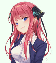 Rule 34 | 1girl, black ribbon, blue eyes, blue jacket, blunt bangs, blush, breasts, closed mouth, commentary request, go-toubun no hanayome, hair ornament, hair ribbon, highres, jacket, large breasts, long hair, looking at viewer, nakano nino, pink hair, red hair, ribbon, shirt, simple background, smile, smiley face, solo, wei xiao, white background, white shirt