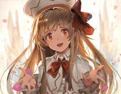 Rule 34 | 1girl, blonde hair, blunt bangs, bow, bowtie, capelet, cherry blossoms, dress, eho (icbm), fairy wings, frills, hair bow, hands up, hat, head tilt, lily white, long hair, looking at viewer, red bow, red bowtie, red eyes, smile, solo, touhou, upper body, white capelet, white dress, white hat, white wings, wing collar, wings