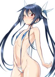 Rule 34 | 1girl, arched back, black hair, blue one-piece swimsuit, blue slingshot swimsuit, blush, cameltoe, covered erect nipples, cowboy shot, embarrassed, flat chest, from side, hair between eyes, hair ribbon, highres, long hair, looking at viewer, navel, one-piece swimsuit, ore twintail ni narimasu, outline, red eyes, ribbon, simple background, slingshot swimsuit, solo, standing, swimsuit, tsube aika, twintails, very long hair, white background, white one-piece swimsuit, white slingshot swimsuit, yuto (dialique)