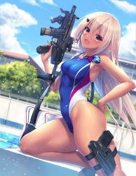 Rule 34 | 1girl, :d, absurdres, arched back, arms note, blue sky, blurry, blurry background, breasts, building, cloud, competition swimsuit, dark-skinned female, dark skin, day, depth of field, dutch angle, fang, from side, fukai ryosuke, glint, goggles, gun, hair between eyes, hair ornament, hairclip, handgun, highres, holster, holstered, leg holster, long hair, machine pistol, medium breasts, non-web source, object in clothes, object in swimsuit, one-piece swimsuit, open mouth, original, pistol, platinum blonde hair, poolside, skindentation, sky, smile, solo, submachine gun, swimming club kouhai (fukai ryousuke), swimsuit, tan, thighs, trigger discipline, unworn goggles, very long hair, wall, weapon, yellow eyes