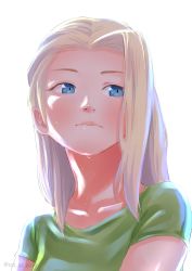 Rule 34 | 1girl, absurdres, blonde hair, blue eyes, clara (girls und panzer), closed mouth, commentary, girls und panzer, green shirt, highres, lips, long hair, looking at viewer, oze (xyz go go11), portrait, shirt, short sleeves, simple background, solo, sweat, twitter username, white background