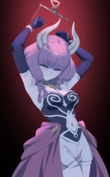 Rule 34 | 1girl, armpits, arms up, aura (sousou no frieren), bad id, bad twitter id, bare shoulders, blue eyes, braid, breasts, closed mouth, clothing cutout, commentary request, demon girl, demon horns, elbow gloves, female focus, gloves, gradient background, highres, horns, large breasts, medium hair, navel, navel cutout, purple gloves, purple hair, red background, restrained, simple background, solo, sousou no frieren, standing, yd (orange maru)