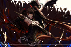 Rule 34 | 1girl, absurdres, black gloves, black hair, breasts, cleavage, closed mouth, copyright name, fingerless gloves, gloves, highres, holding, holding sheath, holding sword, holding weapon, large breasts, long hair, looking at viewer, original, pixiv fantasia, pixiv fantasia revenge of the darkness, red eyes, sheath, solo, sword, twintails, unsheathing, weapon, xing muhen