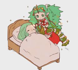 Rule 34 | 2girls, artist name, bed, box, braid, christmas, christmas ornaments, closed eyes, closed mouth, female focus, fire emblem, fire emblem: three houses, fire emblem heroes, gift, gift box, green eyes, green hair, grey background, hand on another&#039;s head, holding, holding gift, long hair, matching hair/eyes, mother and daughter, multiple girls, nintendo, pillow, pointy ears, rhea (fire emblem), sasaki (dkenpisss), side braid, simple background, sleeping, sothis (fire emblem), sothis (winter) (fire emblem), sparkle, tiara, twin braids