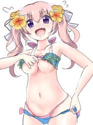 Rule 34 | bikini, blush, breasts, fang, highres, open mouth, pink hair, princess connect!, purple eyes, swimsuit, totake081, tsumugi (princess connect!), tsumugi (summer) (princess connect!), twintails, underboob, undressing