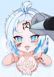 Rule 34 | 1boy, 1girl, arrow (symbol), blue eyes, blue hair, blush, body writing, completely nude, cum, cum in mouth, cum on hands, cupping hands, english text, forehead, from above, gawr gura, heart, heart-shaped pupils, highres, hololive, hololive english, implied after fellatio, long hair, looking at viewer, marker, moral cacoethes, multicolored hair, nude, official alternate hairstyle, one side up, own hands together, pov, pov hands, sharp teeth, solo focus, streaked hair, symbol-shaped pupils, tally, teeth, translation request, white hair