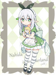 Rule 34 | 1girl, alice in wonderland, apron, black footwear, braid, character doll, closed mouth, commentary request, cross-shaped pupils, dress, frilled apron, frilled dress, frills, full body, genshin impact, green dress, green eyes, green hair, green hairband, green ribbon, grey hair, hair ribbon, hairband, highres, hugging doll, hugging object, langbazi, long hair, lumine (genshin impact), multicolored hair, nahida (genshin impact), pocket watch, puffy short sleeves, puffy sleeves, ribbon, shoes, short sleeves, signature, smile, solo, standing, streaked hair, striped clothes, striped thighhighs, symbol-shaped pupils, thighhighs, very long hair, watch, white apron