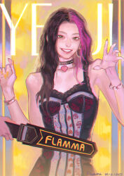 Rule 34 | 1girl, absurdres, artist name, black bustier, black choker, black hair, bracelet, breasts, bustier, character name, choker, chromatic aberration, collarbone, commentary, dated, flamma (immortalemignis), green eyes, highres, itzy, jewelry, k-pop, leaning to the side, long hair, looking at viewer, metal detector, multicolored hair, open hand, parted lips, pink hair, real life, realistic, small breasts, solo focus, streaked hair, symbol-only commentary, upper body, yeji (itzy)