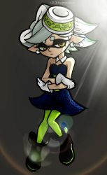Rule 34 | 1girl, artist name, bare shoulders, black outline, commentary, crossed arms, dark background, detached collar, dress, earrings, expressionless, full body, gloves, green pantyhose, grey background, half-closed eyes, highres, inkling, instagram username, jewelry, lens flare, light, light rays, marie (splatoon), nintendo, outline, pantyhose, pointy ears, solo, splatoon (series), tentacle hair, thegrandstar, watermark, white gloves, white hair, white neckwear, yellow eyes
