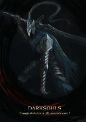 Rule 34 | 1boy, anniversary, armor, artist name, artorias the abysswalker, black background, commentary, copyright name, dark souls (series), dark souls i, facing viewer, full armor, gauntlets, helmet, highres, holding, holding sword, holding weapon, knight, male focus, over shoulder, shoulder armor, solo, standing, sword, teeth, tripdancer, weapon