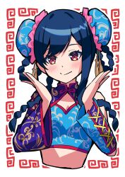 Rule 34 | 1girl, blue hair, blue shirt, blue sleeves, blush, braided hair rings, bun cover, chinese clothes, cleavage cutout, closed mouth, clothing cutout, collar, commentary request, cropped shirt, cropped torso, denonbu, detached sleeves, double bun, floral print, hair bun, hands up, highres, long hair, looking at viewer, midriff, official alternate costume, purple collar, purple sleeves, red eyes, shinonome kazune, shirt, smile, solo, suishin (suisin 10920m), tassel, wide sleeves