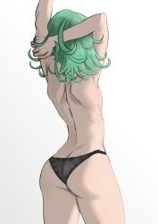 Rule 34 | 1girl, absurdres, arm behind head, ass, back, bare arms, black panties, breasts, butt crack, commentary, cowboy shot, curly hair, english commentary, from behind, green hair, hands up, highres, long sleeves, medium hair, one-punch man, panties, redi (rasec asdjh), ribs, sideboob, simple background, skinny, small breasts, solo, standing, stretching, tatsumaki, thighs, topless, underwear, underwear only, variant set, white background