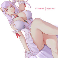Rule 34 | 1girl, absurdres, arm up, artist name, ass, blunt bangs, blush, breasts, character request, cleavage, cleavage cutout, clothing cutout, collar, commentary, copyright request, crossed legs, dress, english commentary, gloves, grey hair, hair ornament, highres, jewelry, large breasts, legs, looking at viewer, melowh, parted lips, simple background, sitting, solo, thighs, white background, white dress, white eyes, white gloves