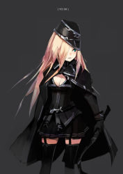 Rule 34 | 1girl, belt, black thighhighs, blonde hair, breasts, cape, cleavage, english text, garter straps, gloves, green eyes, hair over one eye, hat, long hair, medium breasts, original, pleated skirt, pump (pumpqmuq), simple background, skirt, solo, standing, sword, thighhighs, weapon, zettai ryouiki