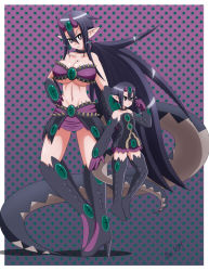 Rule 34 | 1girl, age progression, breasts, cleavage, dated, demon girl, des x (disgaea), desco (disgaea), disgaea, dual persona, extra eyes, gloves, horns, large breasts, long hair, makai senki disgaea 4, navel, nippon ichi, oxdarock, pointy ears, purple eyes, red eyes, signature, size difference, solo, spikes, tail, thighhighs, underboob, very long hair