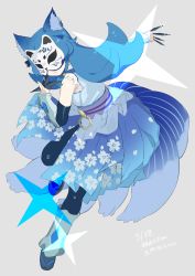 Rule 34 | &gt;:o, 1girl, :o, absurdres, animal ears, blue dress, blue hair, cat mask, character request, dated, detached sleeves, dress, floral print, full body, geta, grey background, highres, holding, holding weapon, kunai, long hair, looking at viewer, mameojitan, mask, parted lips, precure, precure dream stars, sash, shuriken, signature, simple background, solo, standing, standing on one leg, tabi, v-shaped eyebrows, vambraces, weapon