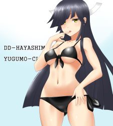 Rule 34 | 1girl, 30-06, bad id, bad pixiv id, bikini, black bikini, black hair, blue background, blunt bangs, breasts, character name, cowboy shot, finger to mouth, front-tie top, gluteal fold, gradient background, hair over one eye, hair ribbon, hand on own hip, hayashimo (kancolle), kantai collection, long hair, looking at viewer, medium breasts, navel, ribbon, side-tie bikini bottom, solo, standing, swimsuit, underboob, very long hair, yellow eyes