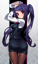 Rule 34 | 1girl, arms up, ass, back, black pantyhose, breasts, cocktail shaker, formal, highres, itsumo nokoru, jill stingray, long hair, looking at viewer, looking back, medium breasts, necktie, panties, pantyhose, pantylines, pencil skirt, purple hair, red eyes, skirt, skirt suit, solo, suit, twintails, underwear, uniform, va-11 hall-a, vest