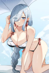 Rule 34 | 1girl, bare arms, bare shoulders, bikini, blue eyes, braid, breasts, cleavage, commentary, genshin impact, grey hair, hair over one eye, hand up, highres, kneeling, large breasts, long hair, looking at viewer, morimiya (mori), navel, shenhe (genshin impact), solo, stomach, swimsuit, thighs, very long hair