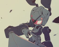 arm_blade assault_visor damaged debris foreshortening grey_background highres horns humanoid_robot joints looking_at_viewer mecha_focus medarot medarot_ds no_mouth no_nose robot sanjuro_(medarot) simple_background solo ten_(prop03) weapon