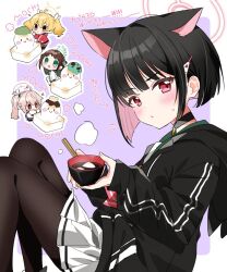 Rule 34 | 4girls, after-school sweets club (blue archive), ahoge, airi (blue archive), animal ears, black choker, black hair, black jacket, black pantyhose, blonde hair, blue archive, blush, bowl, cat ears, choker, chopsticks, closed mouth, colored inner hair, extra ears, food, green eyes, green halo, hair ornament, hairclip, halo, holding, holding bowl, holding chopsticks, hood, hood down, hooded jacket, izumi kirifu, jacket, kazusa (blue archive), long hair, mochi, multicolored hair, multiple girls, natsu (blue archive), open mouth, pantyhose, pink hair, pink halo, pleated skirt, red eyes, short hair, side ponytail, skirt, smile, twintails, white skirt, yellow eyes, yellow halo, yoshimi (blue archive)