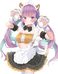 Rule 34 | 1girl, absurdres, ahoge, animal ear fluff, animal ears, animal hands, apron, black bow, black bowtie, black skirt, blue hair, blue ribbon, blush, bow, bowtie, breasts, closed mouth, commentary request, crop top, detached collar, detached sleeves, extra ears, frilled apron, frilled skirt, frills, gloves, hair ribbon, highres, hololive, long hair, looking at viewer, maid headdress, medium breasts, minato aqua, multicolored hair, paw gloves, purple eyes, purple hair, ribbon, shokorate, skirt, solo, tail, thighhighs, tiger ears, tiger tail, two-tone hair, very long hair, virtual youtuber, white apron, white thighhighs, wrist cuffs