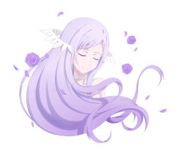 Rule 34 | 1girl, absurdres, choker, closed eyes, closed mouth, collarbone, cropped torso, facing viewer, floating hair, flower, highres, long hair, peri (qq2748089832), purple flower, purple hair, purple rose, quinella, rose, simple background, smile, solo, swept bangs, sword art online, very long hair, white background