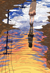 Rule 34 | 1girl, arms at sides, blue sky, blunt bangs, brown hair, brown skirt, brown socks, cable, cloud, cloudy sky, commentary request, dappled sunlight, faceless, faceless female, flat color, from above, head out of frame, highres, jacket, loafers, looking back, orange sky, original, pavement, pleated skirt, power lines, puddle, reflection, reflective water, scenery, school uniform, seraphitalg, shoes, skirt, sky, socks, solo, standing, sunlight, utility pole, water, yellow sky