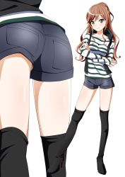 Rule 34 | 10s, 1girl, absurdres, ass, bang dream!, blonde hair, close-up, commentary, green eyes, hair ornament, half updo, highres, imai lisa, kneehighs, long hair, looking at viewer, multiple views, ponytail, sakamata (sakamata4), shirt, short shorts, shorts, simple background, smile, socks, standing, striped clothes, striped shirt, thighhighs, white background