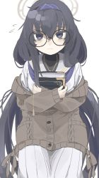 Rule 34 | 1girl, absurdres, ainkun, black eyes, black hair, blue archive, blush, book, cardigan, feet out of frame, flying sweatdrops, glasses, hairband, halo, highres, holding, holding book, jewelry, long hair, long sleeves, looking at viewer, necklace, round eyewear, sailor collar, shirt, simple background, skirt, solo, ui (blue archive), white background, white shirt, white skirt