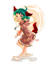 Rule 34 | 1girl, :o, absurdres, adapted costume, ahoge, animal ears, backlighting, barefoot, brown tail, chinese knot, dot nose, drawstring, floating hair, flower knot, frills, from side, full body, green eyes, green hair, green pupils, highres, hood, hood down, hoodie, htk mikan, kasodani kyouko, leg up, long sleeves, looking at viewer, looking to the side, open mouth, pavement, pink hoodie, puffy long sleeves, puffy sleeves, running bond, short hair, solo, tail, tareme, touhou, white background