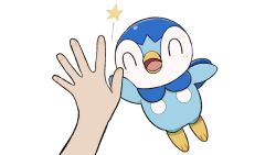Rule 34 | 1other, arm up, blush, closed eyes, commentary request, creature, creatures (company), game freak, gen 4 pokemon, high five, nintendo, official art, open mouth, outstretched arm, piplup, pokemon, pokemon (creature), project pochama, simple background, smile, star (symbol), toes, tongue, white background