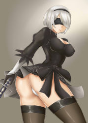 Rule 34 | 1girl, android, ass, black dress, black hairband, black thighhighs, blindfold, breasts, cleavage, dress, gloves, hairband, highres, holding, holding sword, holding weapon, katana, large breasts, leotard, nier (series), nier:automata, shiny skin, short hair, silver hair, siniao, solo, sword, thighhighs, weapon, 2b (nier:automata)