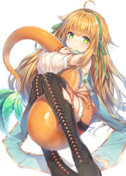 Rule 34 | 1girl, :3, ahoge, armpit crease, bare shoulders, blonde hair, blurry, blush, boots, closed mouth, cross-laced footwear, depth of field, detached sleeves, dragon tail, full body, green eyes, green ribbon, green shirt, hair ribbon, highres, hugging own tail, hugging tail, knees together feet apart, knees up, lace-up boots, leaf, long hair, long sleeves, looking at viewer, midriff peek, monster girl, orange shorts, original, ribbon, shirt, short shorts, shorts, sidelocks, simple background, sitting, smile, solo, tail, topia, very long hair, white background, wide sleeves